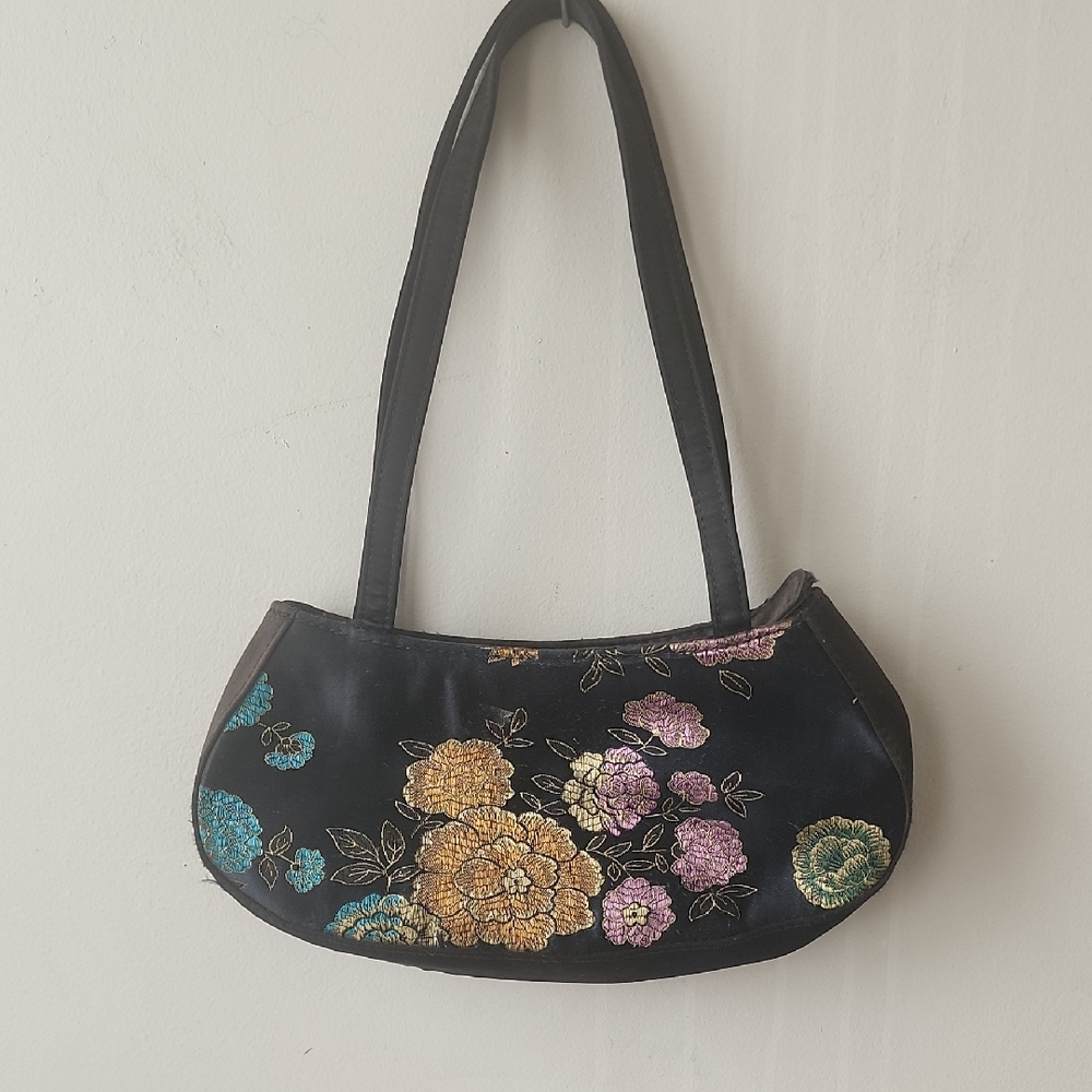 Chateau Black Shoulder Bag with Floral Embroidery
